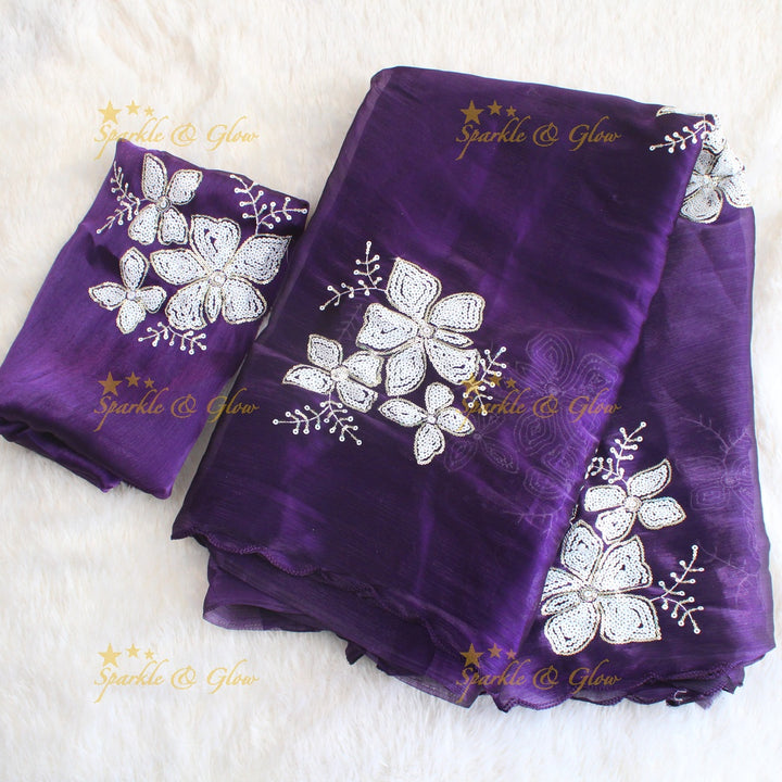 Pretty Purple colour organza saree floral sequen work with blouse piece