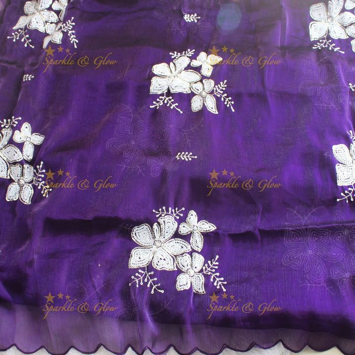 Pretty Purple colour organza saree floral sequen work with blouse piece