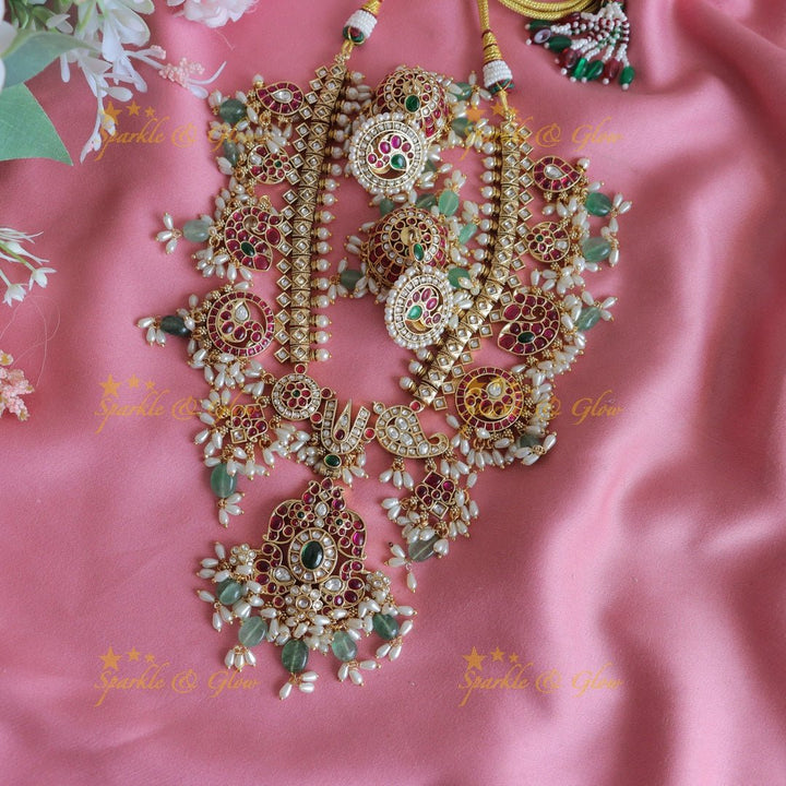 Nita Ambani Stunning Peacock Floral Mango carved short necklace with rice pearls and beads - Sparkle and Glow - 