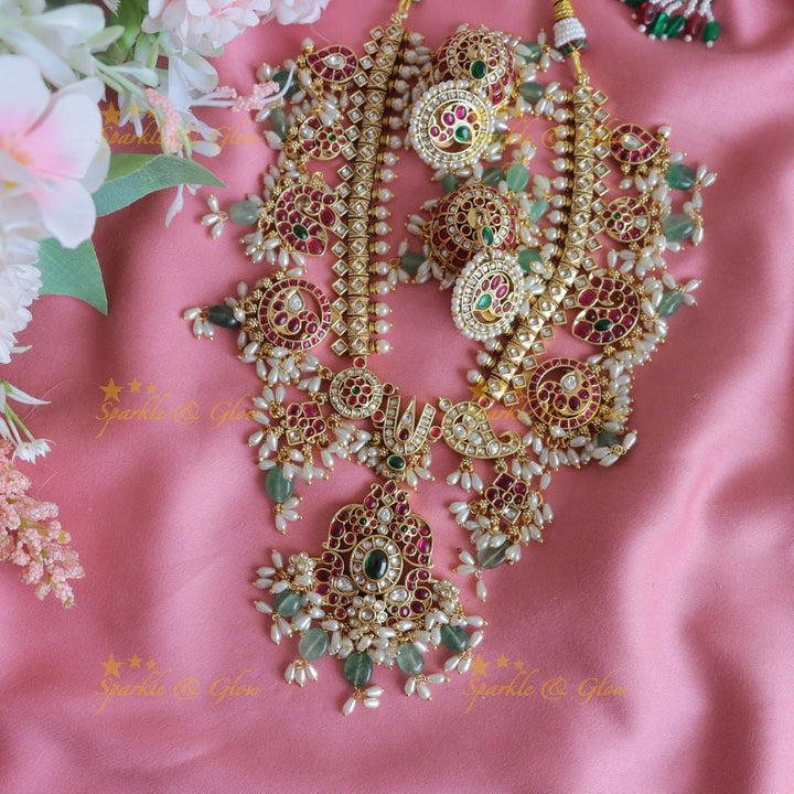 Nita Ambani Stunning Peacock Floral Mango carved short necklace with rice pearls and beads - Sparkle and Glow - 