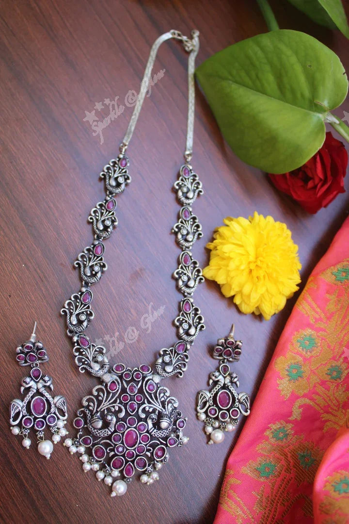 Oxidised silver peacock stone necklace - Pink - Sparkle and Glow