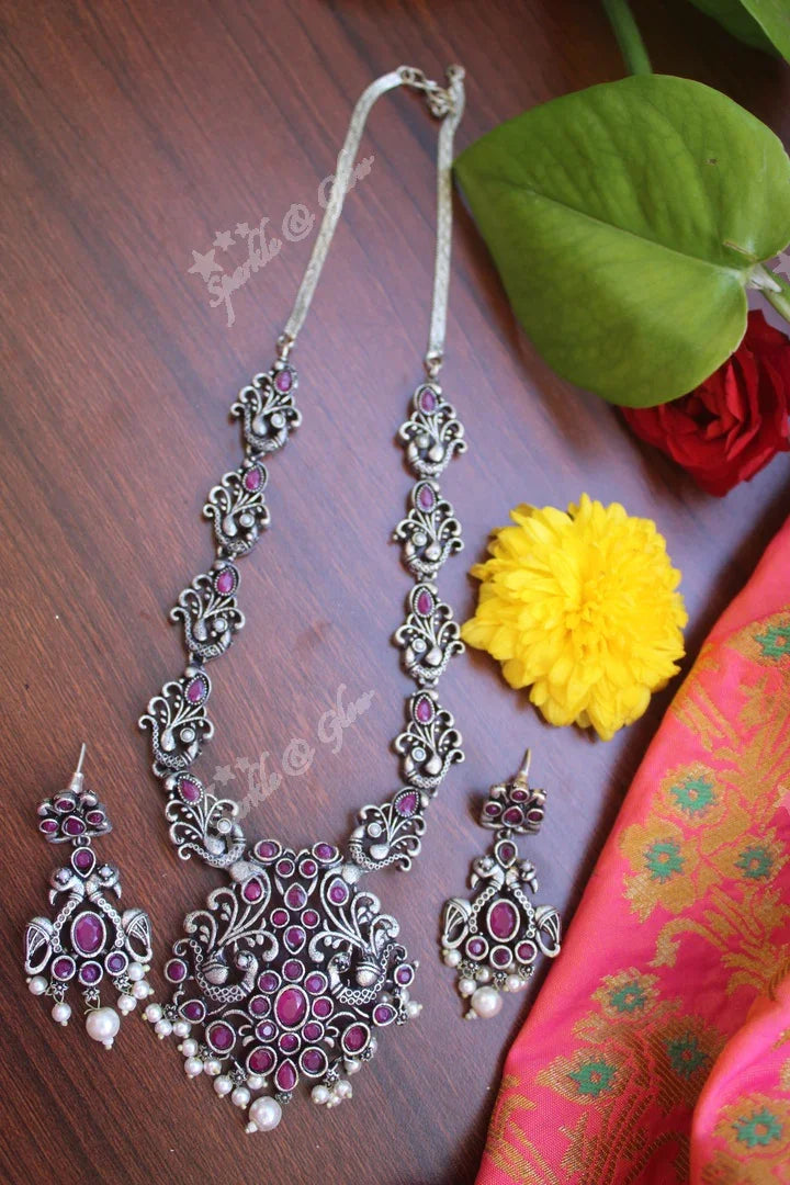Oxidised silver peacock stone necklace - Pink - Sparkle and Glow