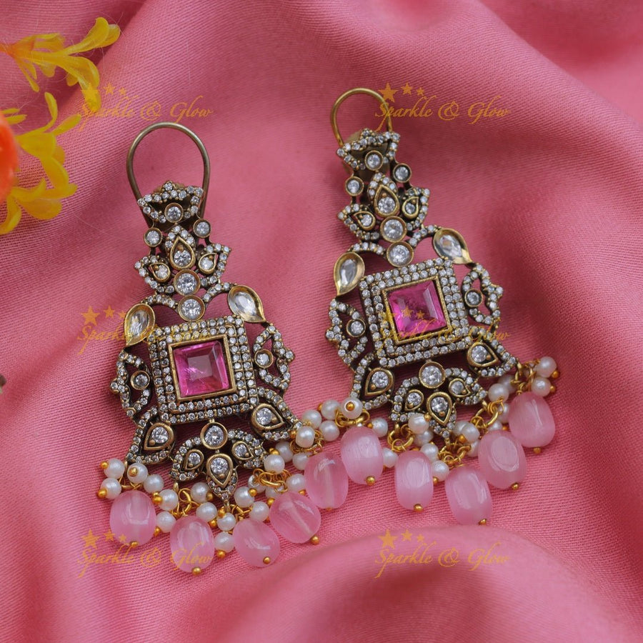 Pretty leaf design cz stones earrings with pink beads - Sparkle and Glow - 