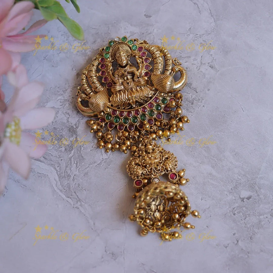 Stunning Idol Lakshmi Peacock carved Kemp Hairpin - Sparkle and Glow