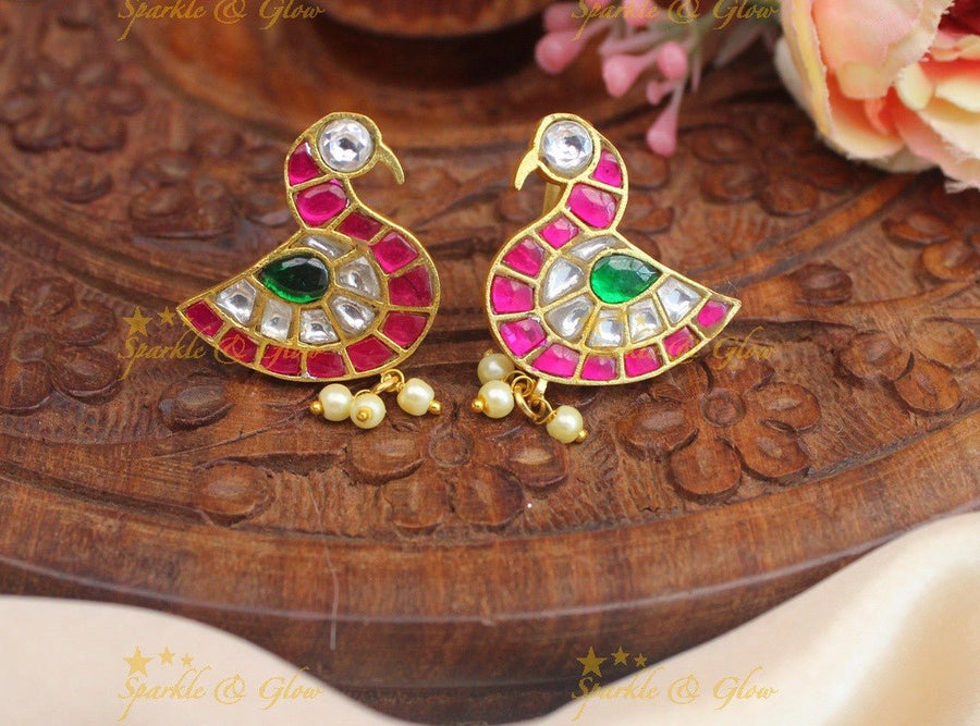 Beautiful Swan design Jadau kundan Bugadi Earrings - Sparkle and Glow - 