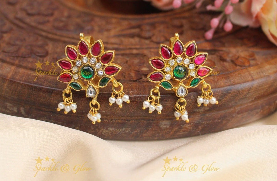 Real Jadau kundan Floral Bugadi Earrings with pearls - Sparkle and Glow - 