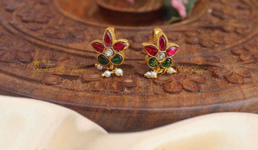 Statement Flower design Jadau kundan Bugadi Earrings - Sparkle and Glow - 