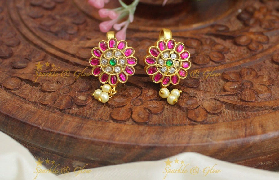 Stunning Wide Flower design Jadau kundan Bugadi Earrings - Sparkle and Glow - 