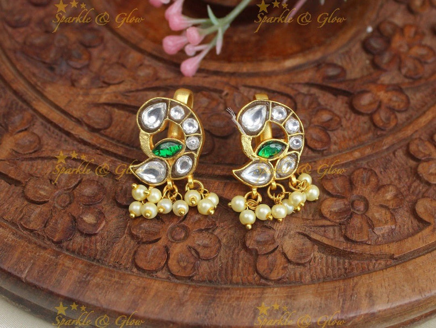 Elegant Peacock design Jadau kundan Bugadi earrings with pearls - Sparkle and Glow - 