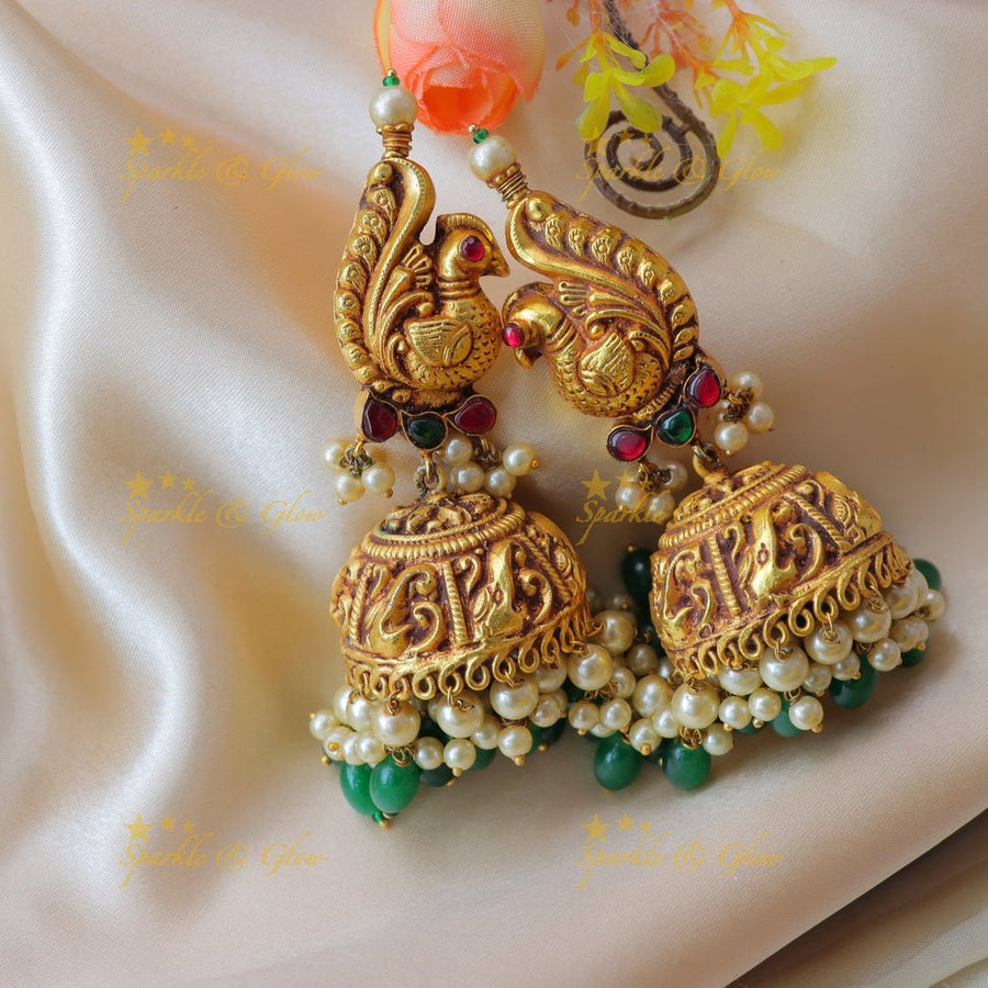 Stunning peacock design jadau heavy jhumuka - Sparkle and Glow - 