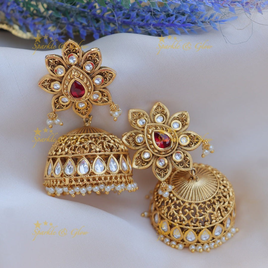 Pretty flower design kundan stones jhumukas - Sparkle and Glow - 