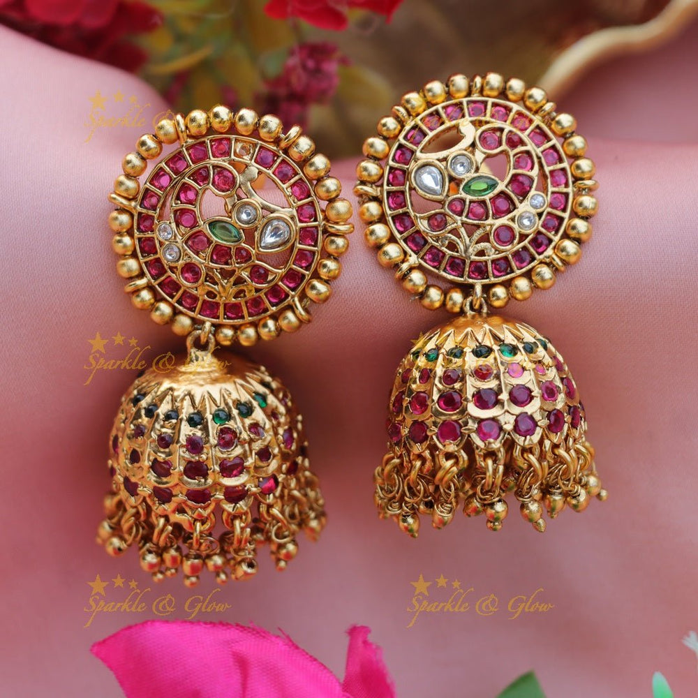 Beautiful jadau stones peacock design jhumukas with gold outline - Gold - Sparkle and Glow - Gold - 