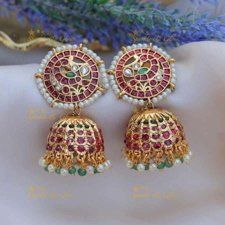 Beautiful jadau stones peacock design jhumukas with gold outline - Gold - Sparkle and Glow - Mint green Pearl - 