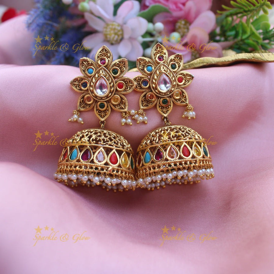 Stunning sun flower design navarathna stones jhumukas - Sparkle and Glow - 