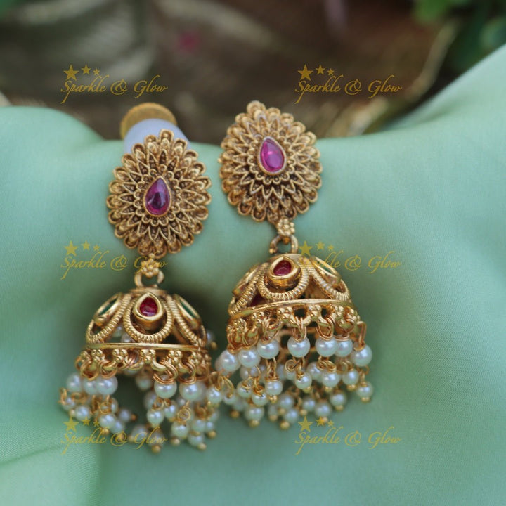 Pretty gold and pearl Jhumukas - Green and Pink - Sparkle and Glow - Green Pink - 