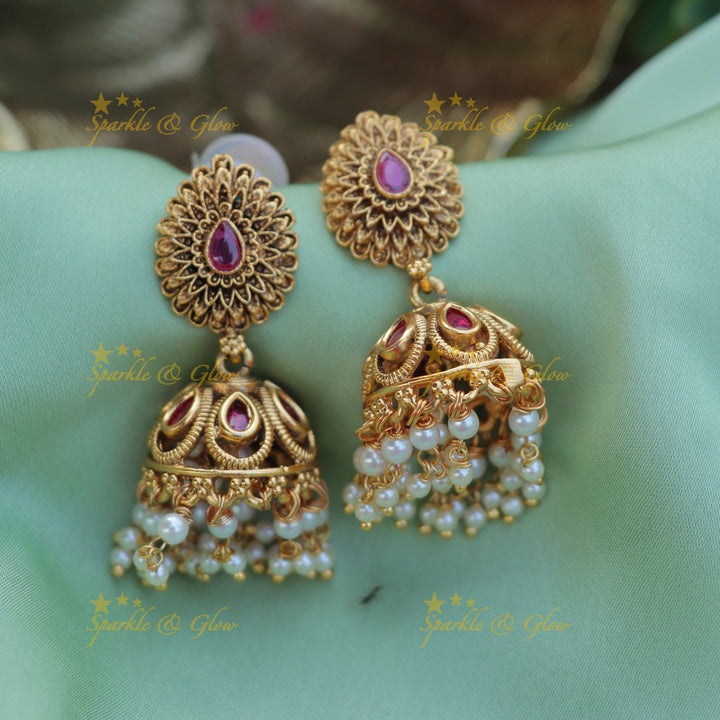 Pretty gold and pearl Jhumukas - Green and Pink - Sparkle and Glow - Pink - 