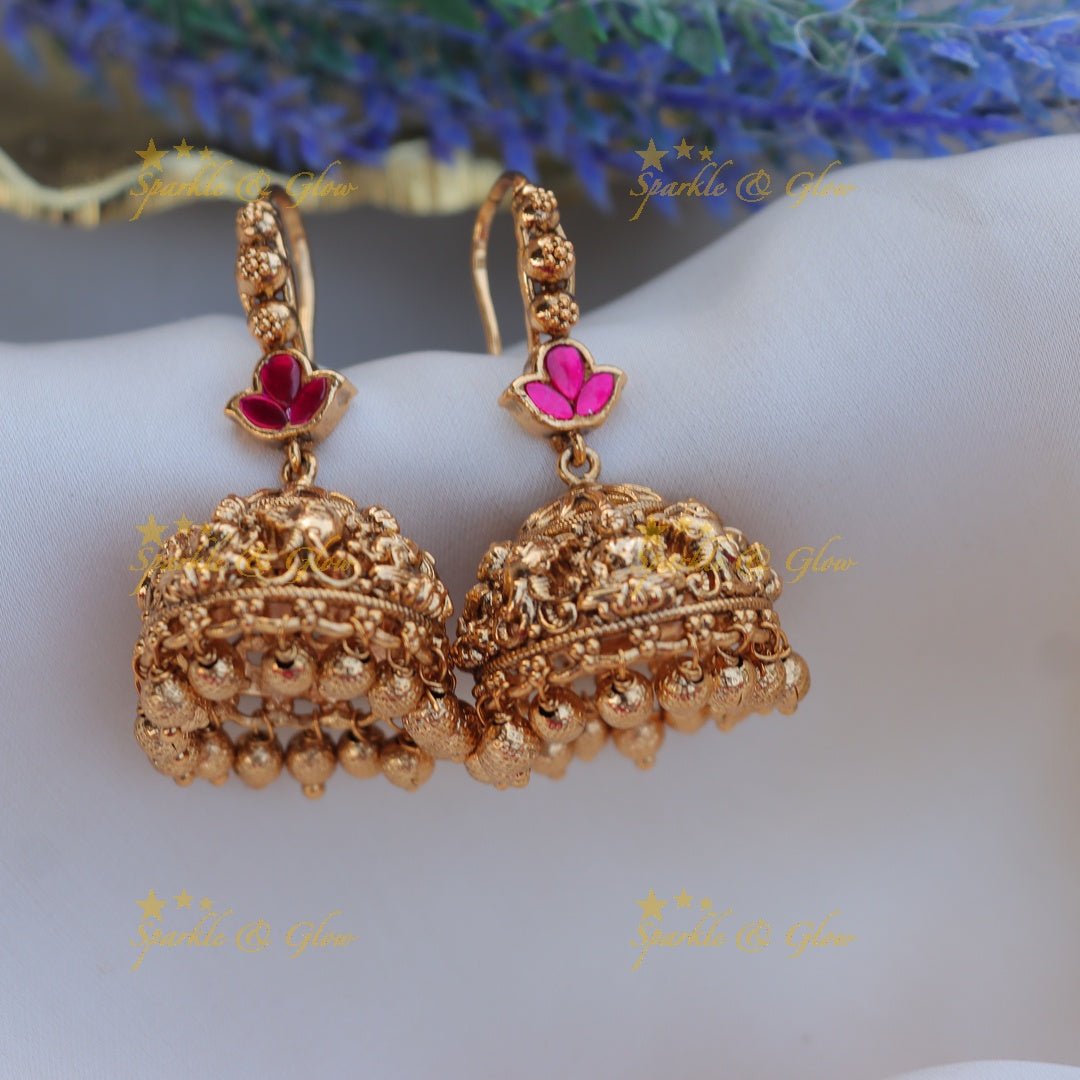 Gracious lakshmi design jhumukas - Pink - Sparkle and Glow - Pink - 