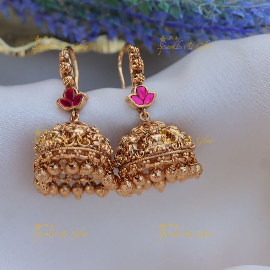 Gracious lakshmi design jhumukas - Pink - Sparkle and Glow - Pink - 