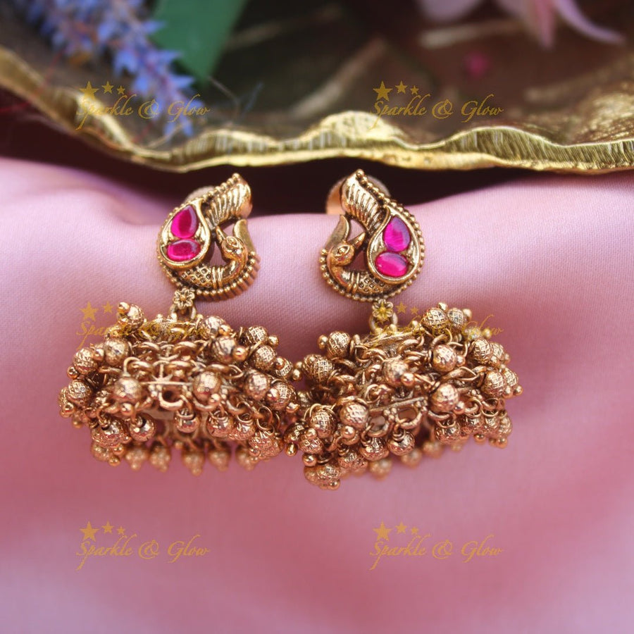 Grand peacock design jhumukas - Pink - Sparkle and Glow - Pink - 