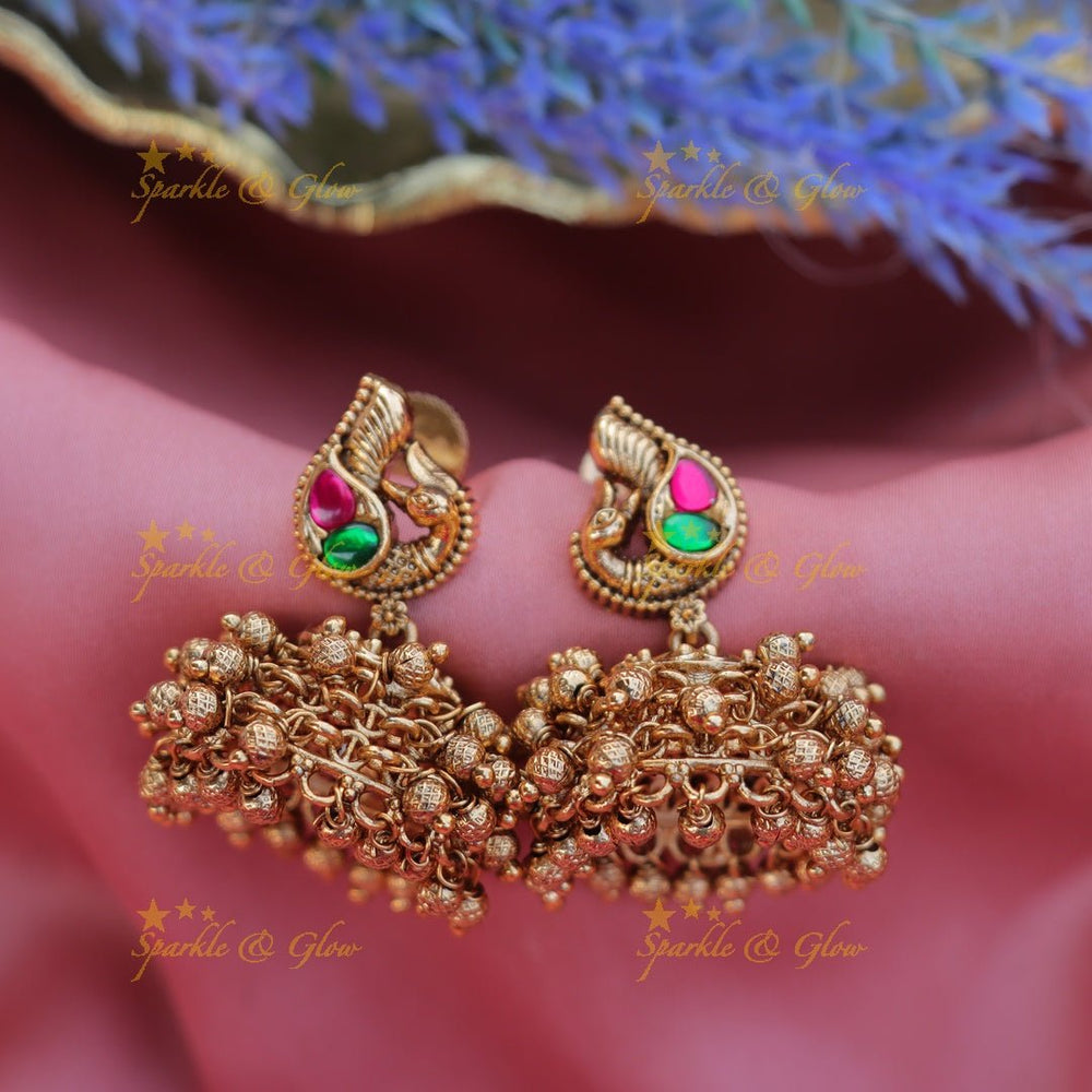 Grand peacock design jhumukas - Pink - Sparkle and Glow - Pink green - 