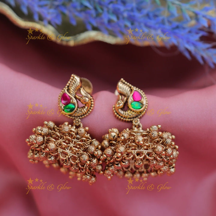 Grand peacock design jhumukas - Pink - Sparkle and Glow - Pink green - 