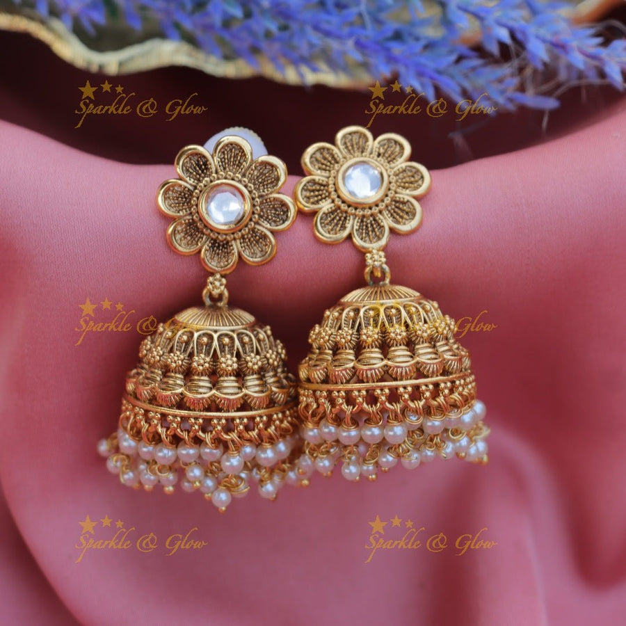 Gorgeous flower design gold and pearl jhumukas - Sparkle and Glow - 