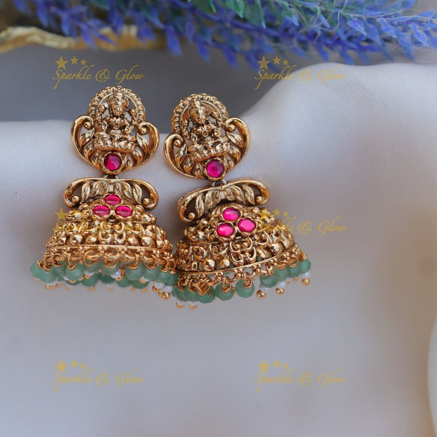 Gorgeous idol lakshmi design gold jhumukas with mintgreen beads - Pink - Sparkle and Glow - Pink - 