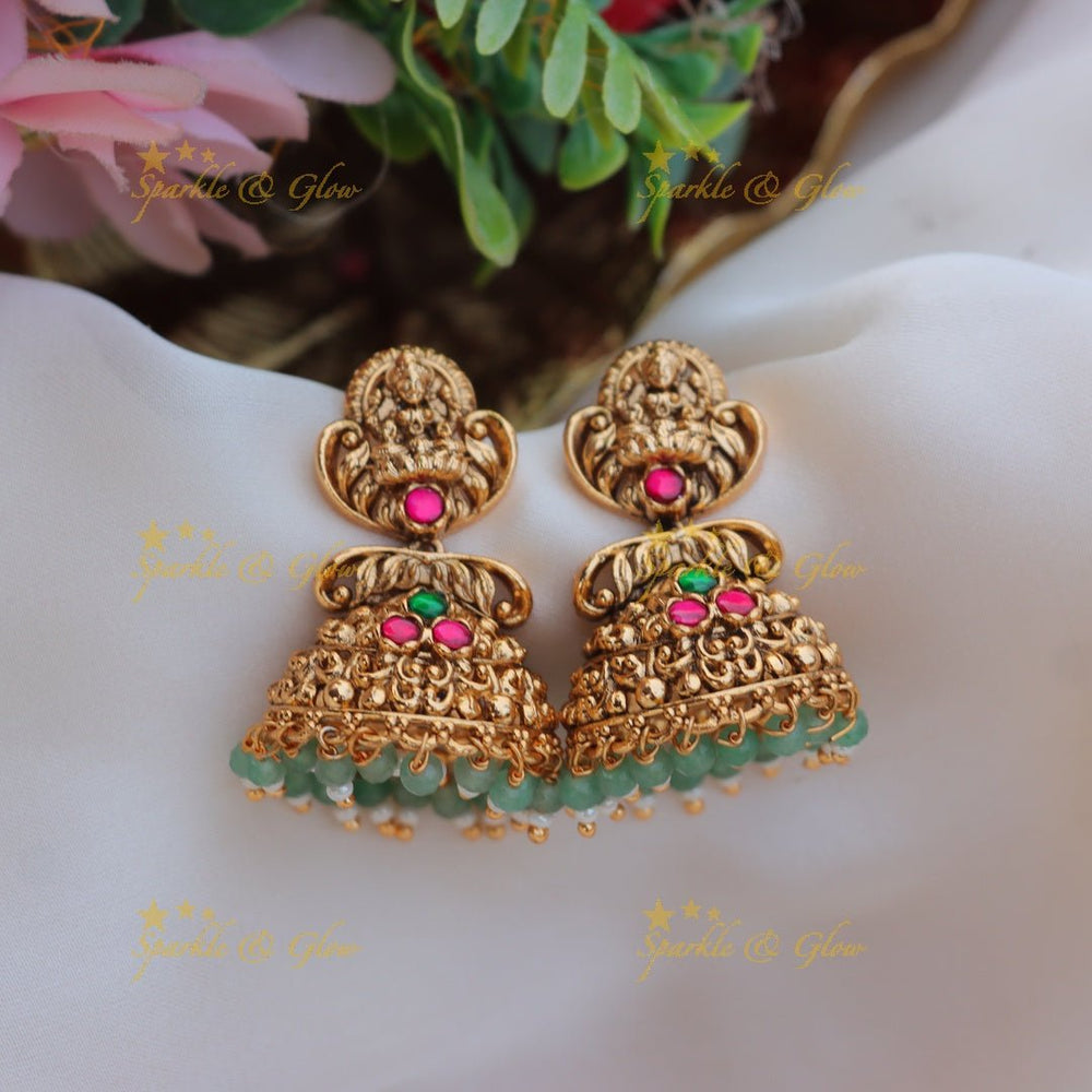 Gorgeous idol lakshmi design gold jhumukas with mintgreen beads - Pink - Sparkle and Glow - Mint green - 