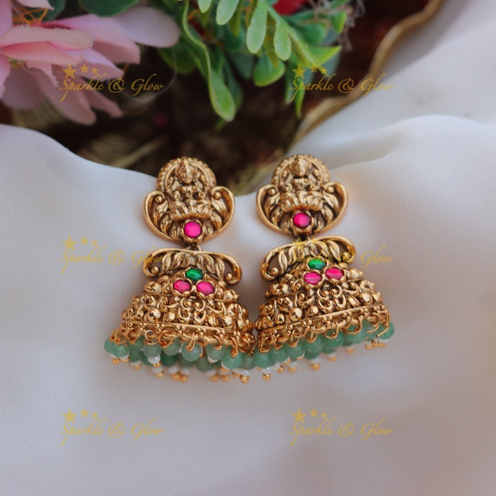 Gorgeous idol lakshmi design gold jhumukas with mintgreen beads - Pink - Sparkle and Glow - Mint green - 