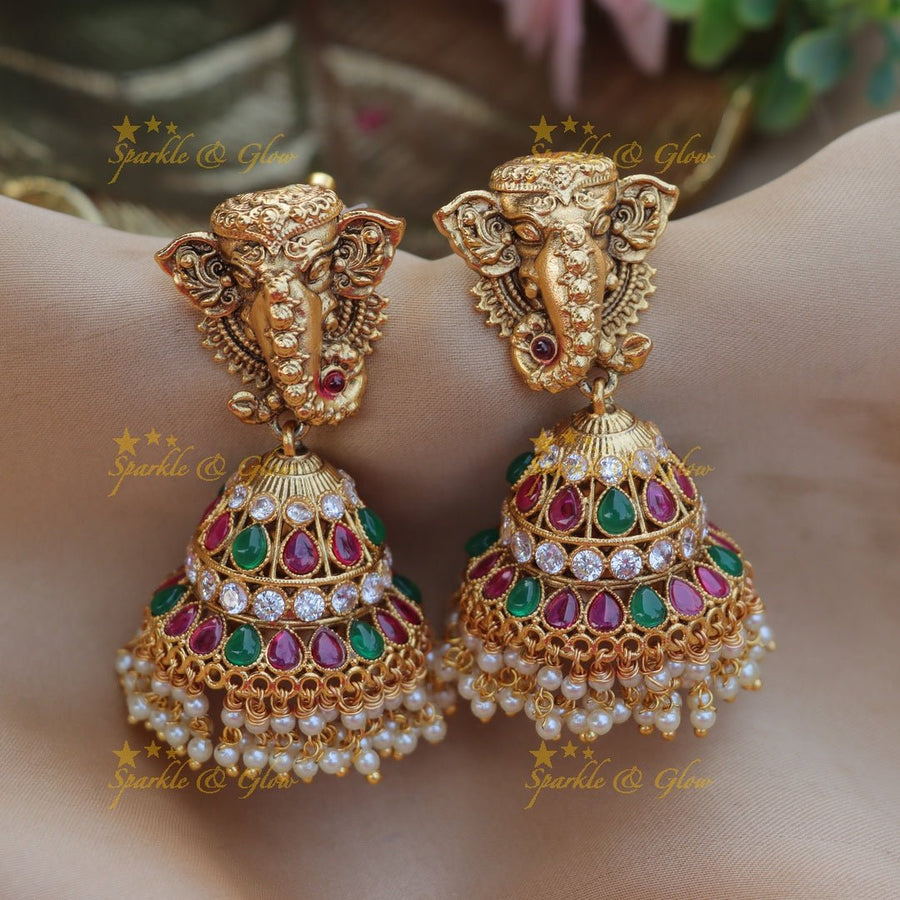 Grand lord ganesha design and multi stones jhumukas - Sparkle and Glow - 