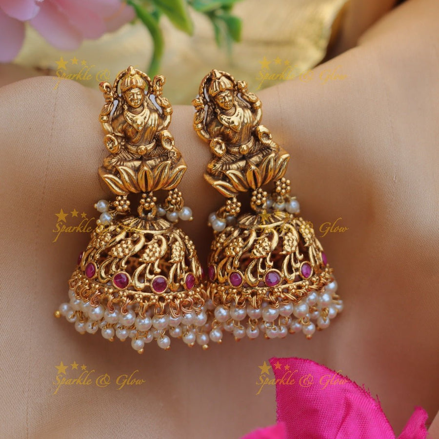 Gracious idol lakshmi design jhumukas with pearl beads - Sparkle and Glow - 
