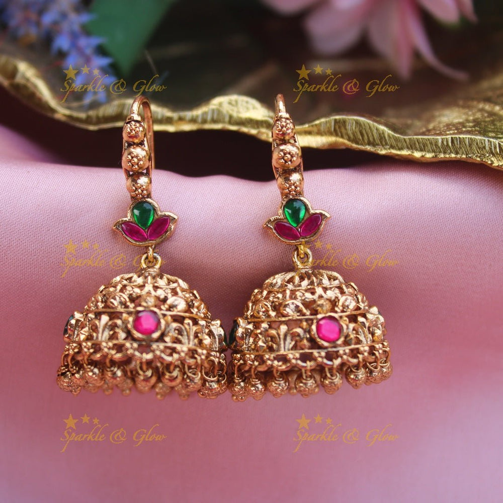 Gracious lakshmi design jhumukas - Pink - Sparkle and Glow - Green pink - 