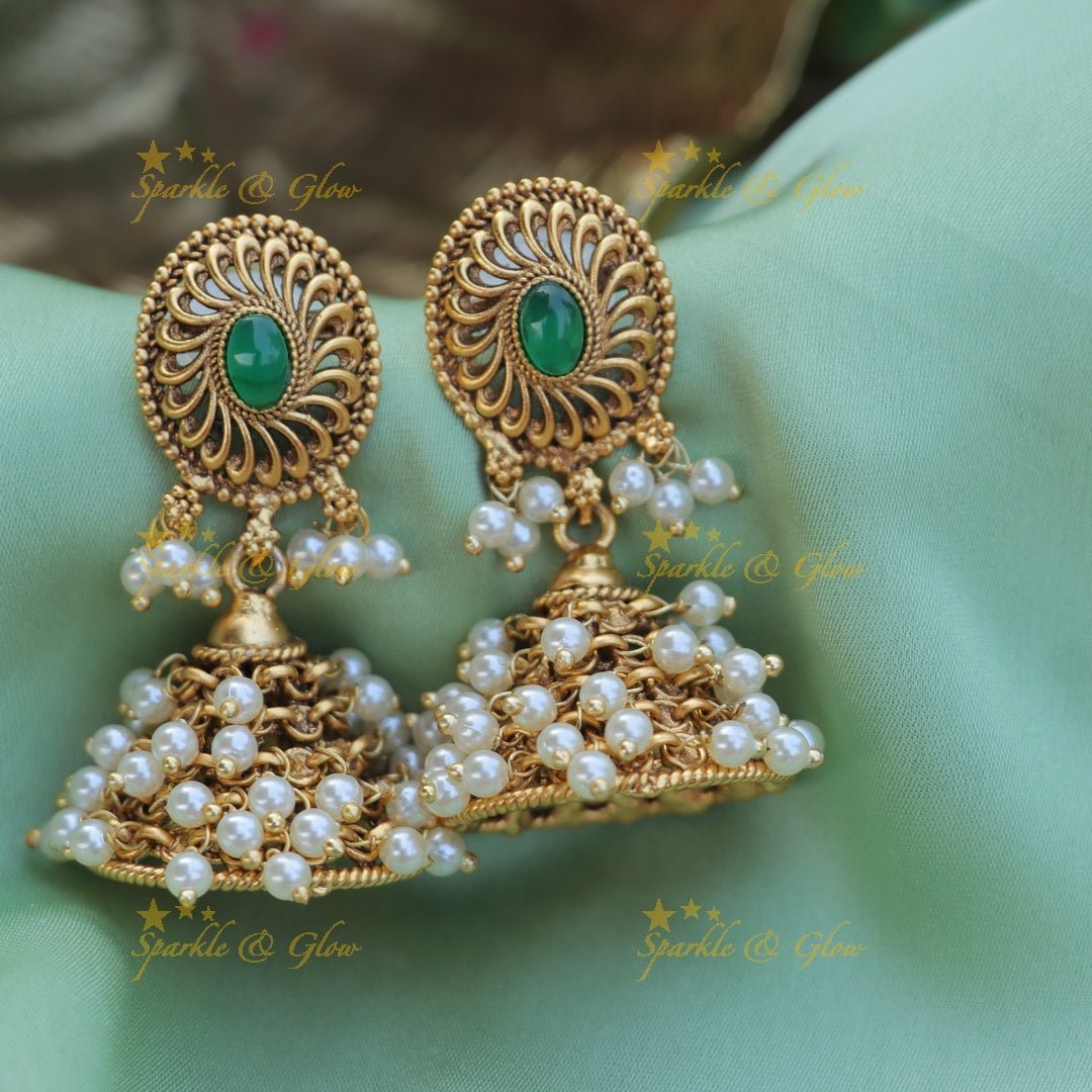 Simple and elegant pearl Jhumukas - Green - Sparkle and Glow - Green - 