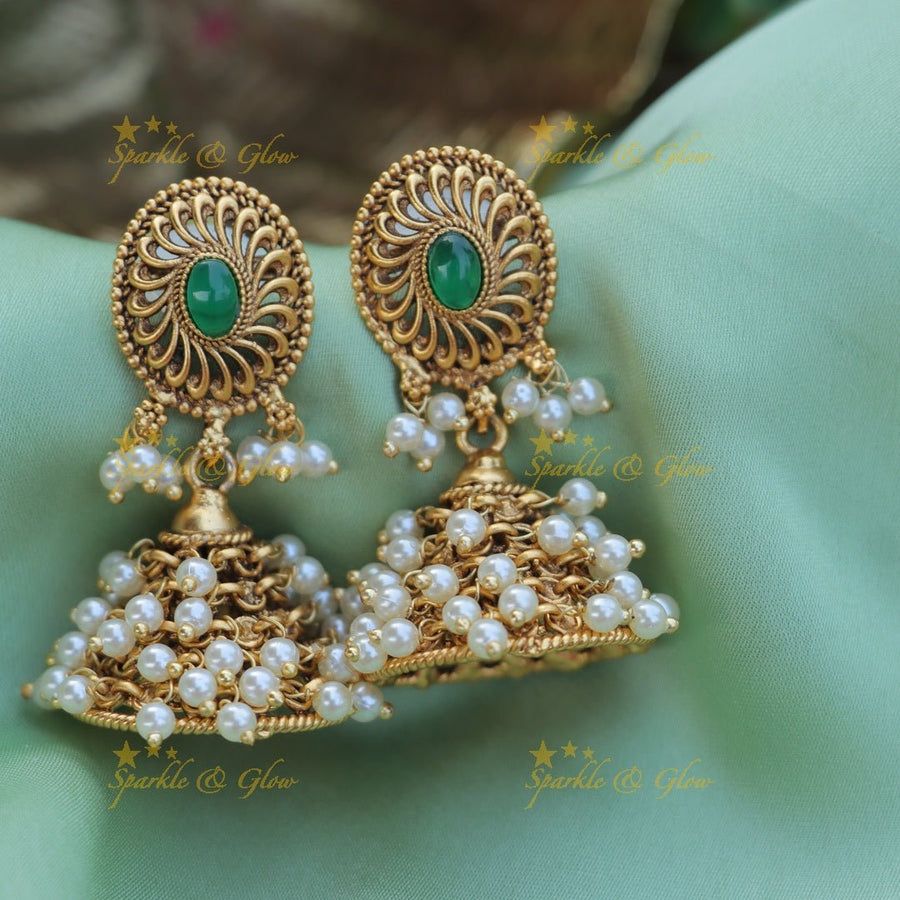 Simple and elegant pearl Jhumukas - Green - Sparkle and Glow - Green - 