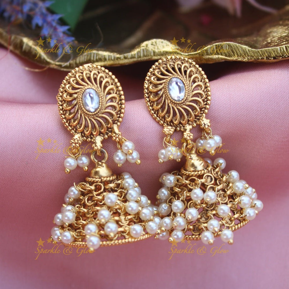 Simple and elegant pearl Jhumukas - Green - Sparkle and Glow - White - 