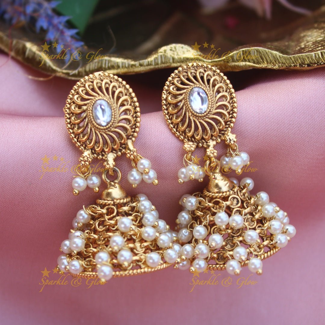 Simple and elegant pearl Jhumukas - Green - Sparkle and Glow - White - 