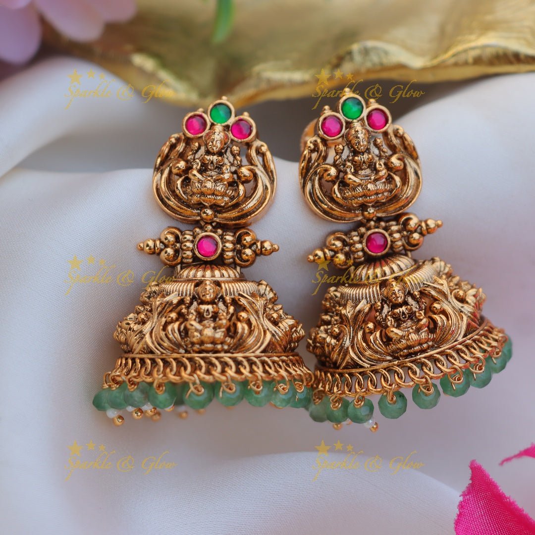 Gorgeous idol lakshmi design gold jhumukas - Pink and Green - Sparkle and Glow - Pink green - 
