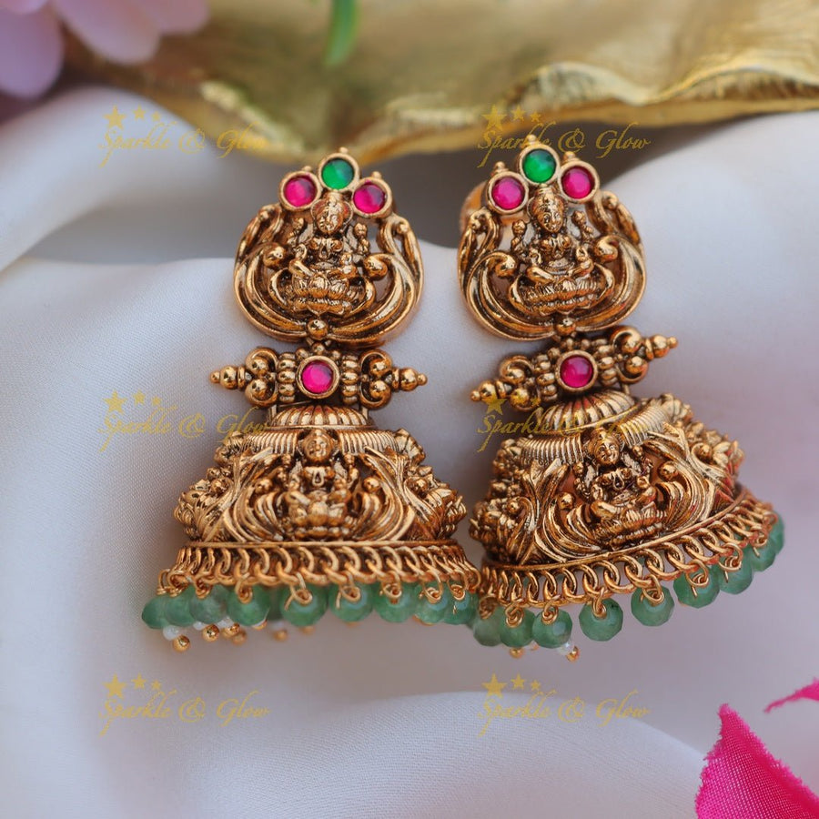 Gorgeous idol lakshmi design gold jhumukas - Pink and Green - Sparkle and Glow - Pink green - 