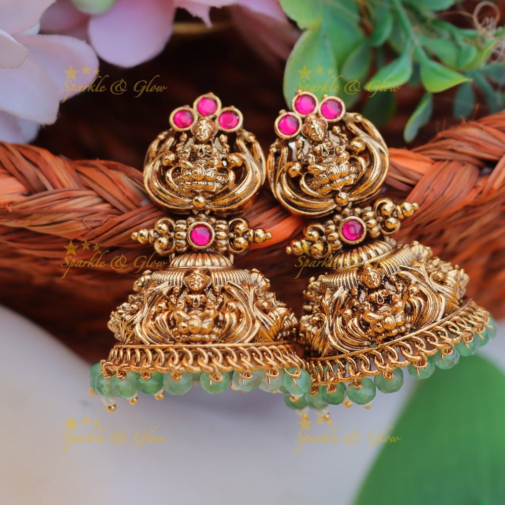 Gorgeous idol lakshmi design gold jhumukas - Pink and Green - Sparkle and Glow - Pink - 