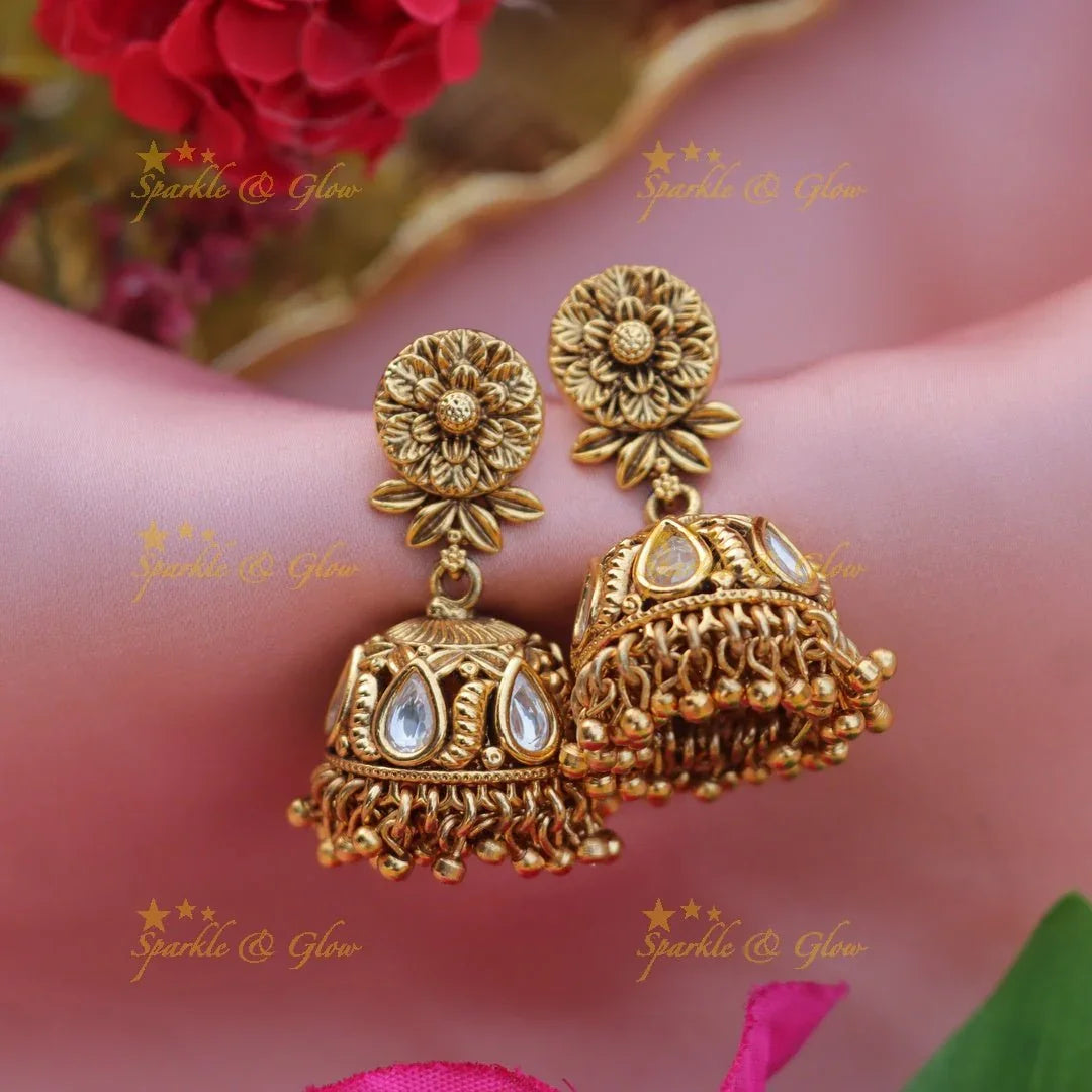 Pretty flower and leaf design jhumukas - White - Sparkle and Glow