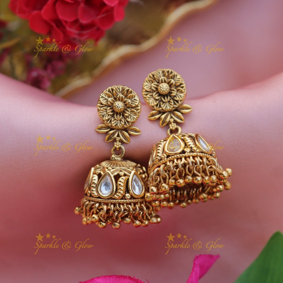 Pretty flower and leaf design jhumukas - White - Sparkle and Glow - White - 