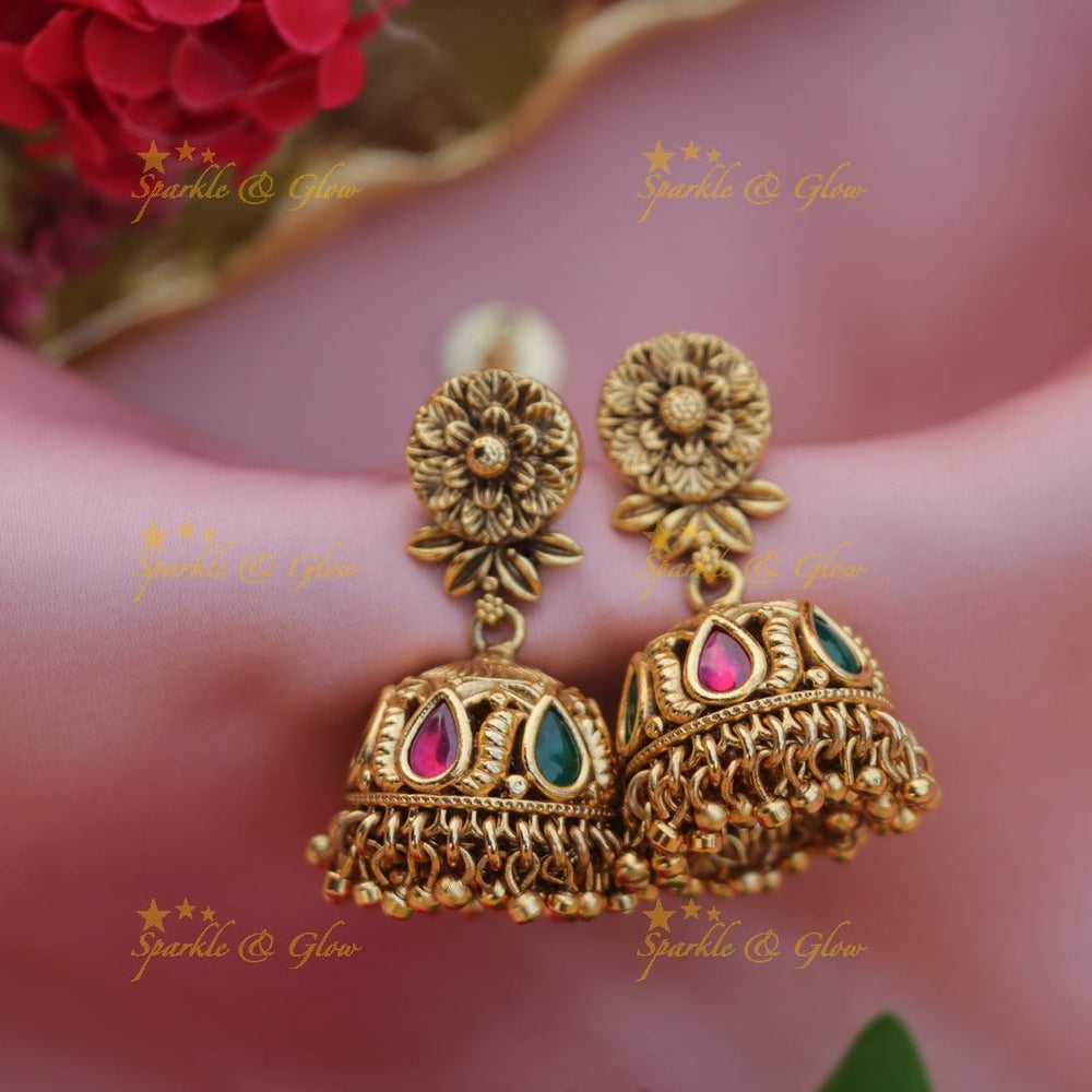 Pretty flower and leaf design jhumukas - White - Sparkle and Glow - Pink green - 