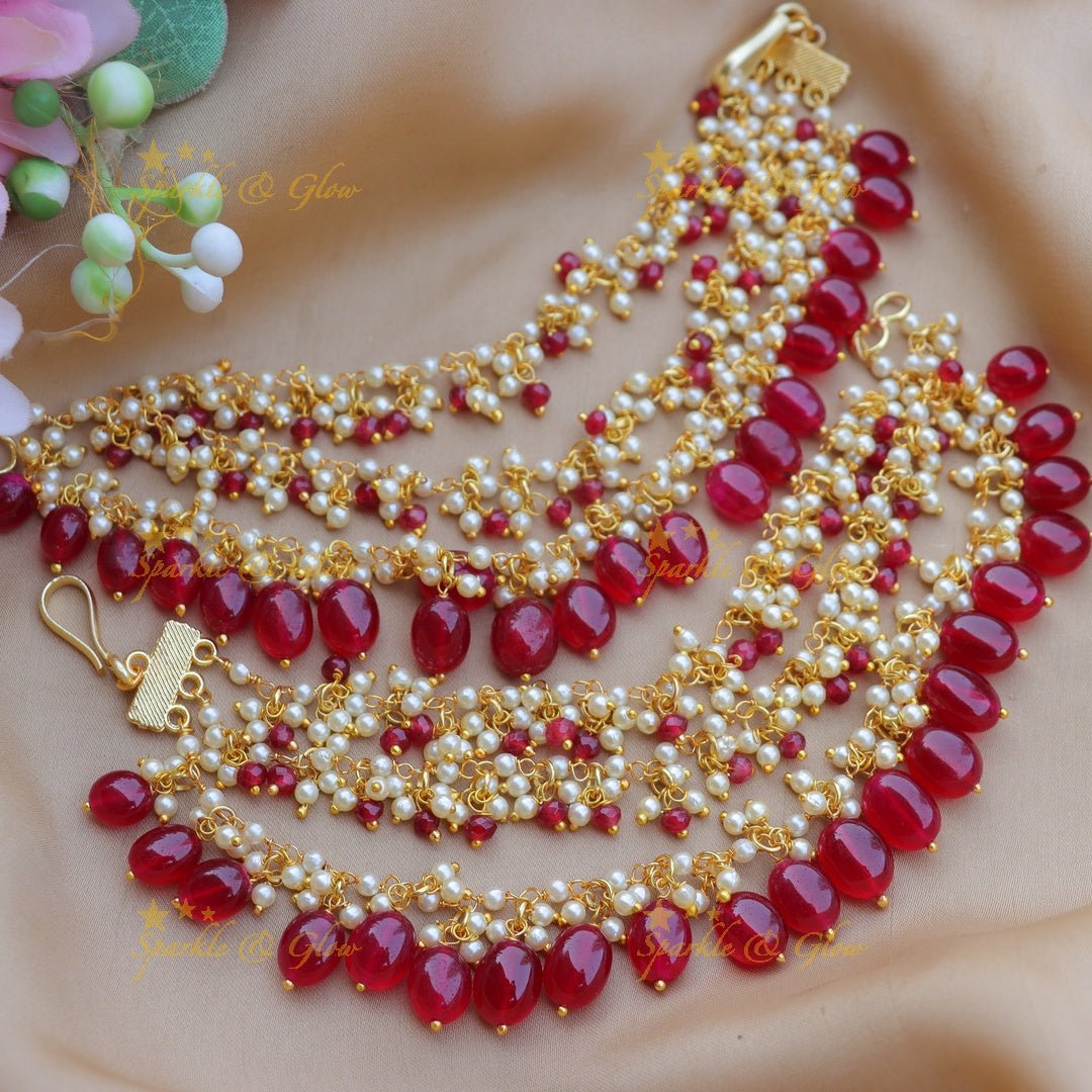 Stunning Three layered Pearl cluster Earchain with Pink beads - Sparkle and Glow - Pink - 