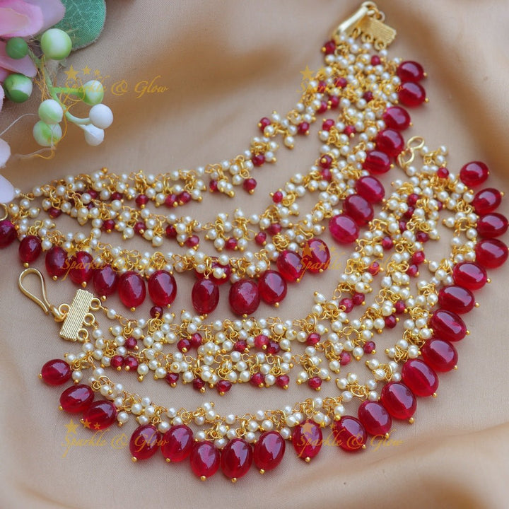 Stunning Three layered Pearl cluster Earchain with Pink beads - Sparkle and Glow - Pink - 