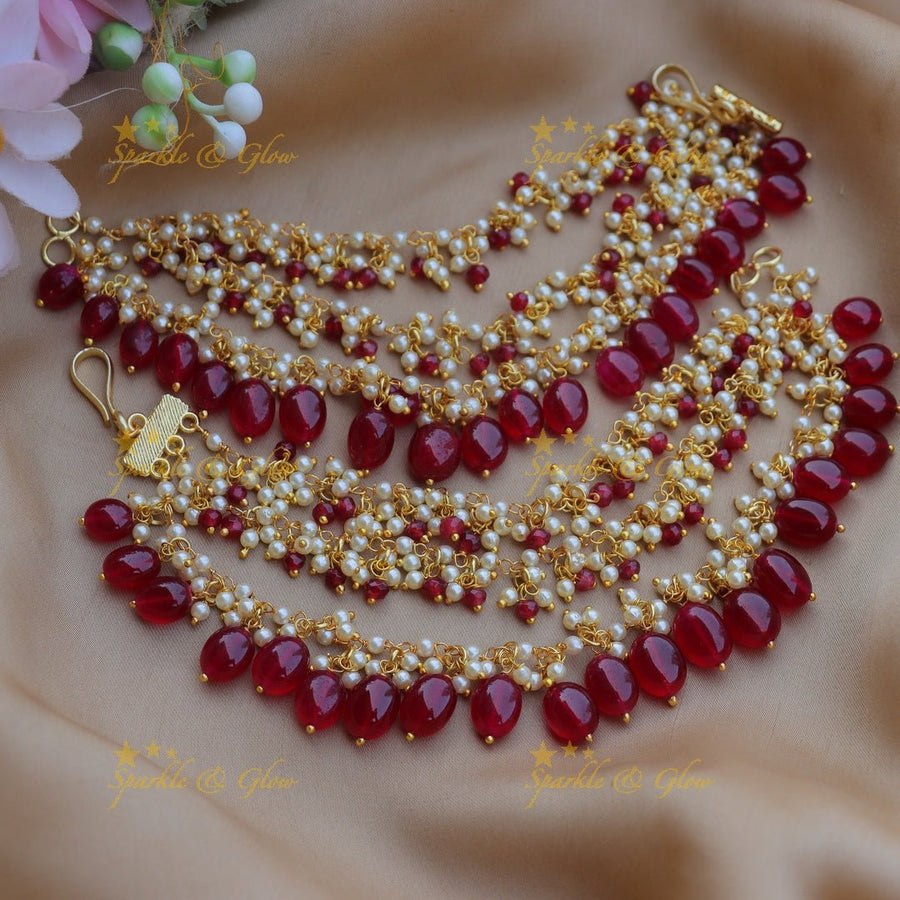 Stunning Three layered Pearl cluster Earchain with Pink beads - Sparkle and Glow - Pink - 