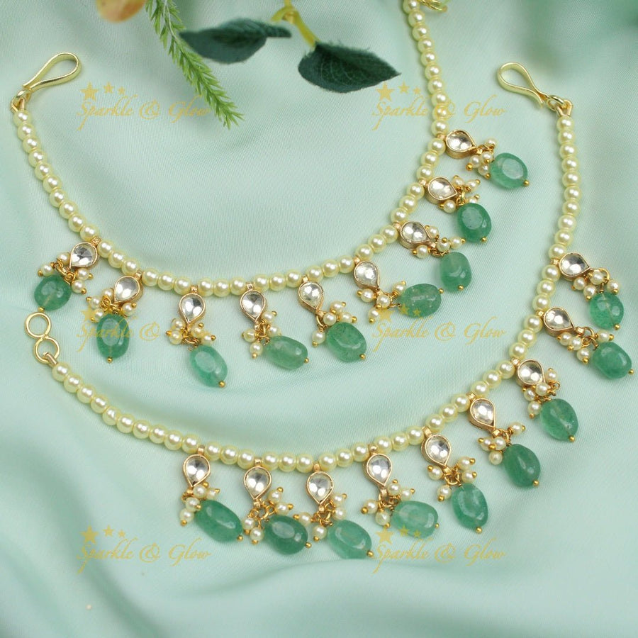 Statement Jadau kundan stone waterdrop pearl earchain with mint green beads - Sparkle and Glow - 