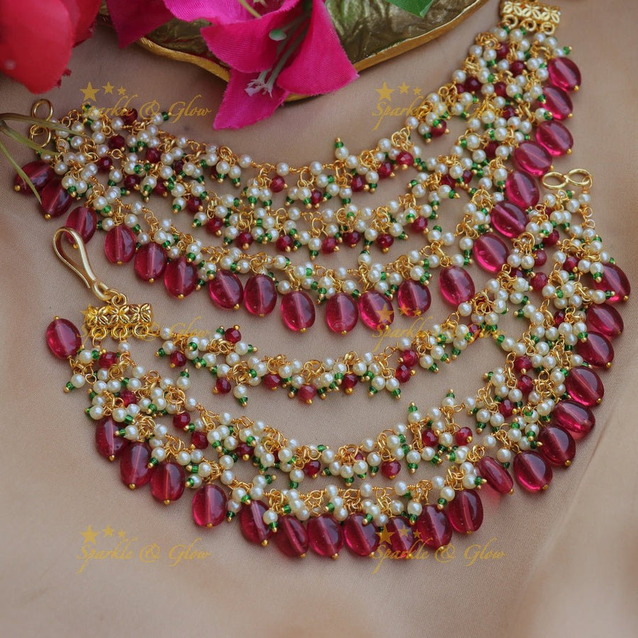 Stunning Three layered Pearl and Emerald cluster bridal Earchain with Pink beads - Sparkle and Glow - 