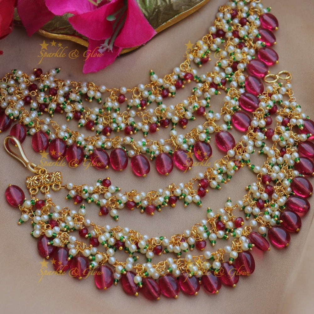 Stunning Three layered Pearl and Emerald cluster bridal Earchain with Pink beads - Sparkle and Glow - 