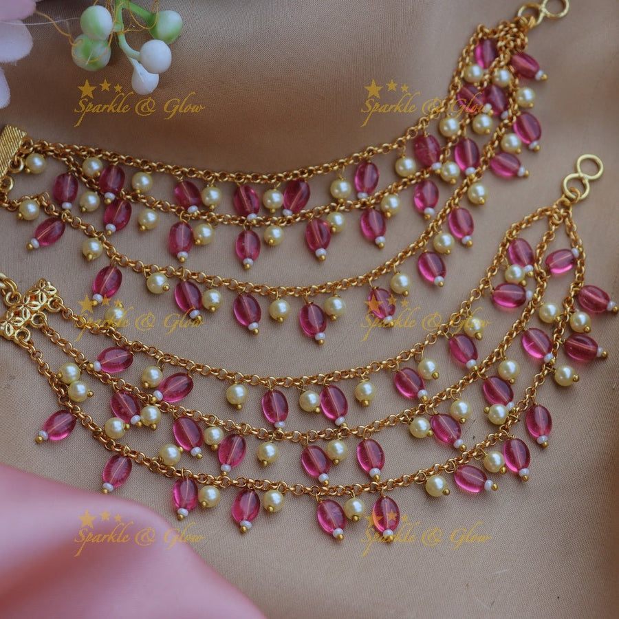 Stunning Three layered Beaded Earchain with pink beads and pearls - Sparkle and Glow - 