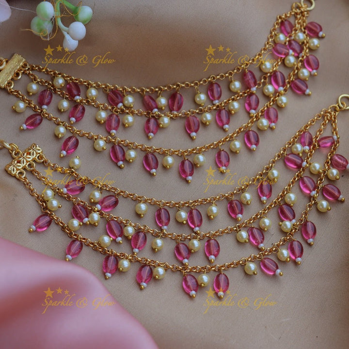 Stunning Three layered Beaded Earchain with pink beads and pearls - Sparkle and Glow - 